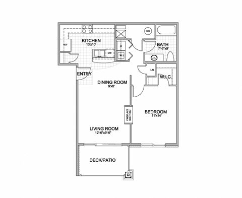 Floor plan for 1 bed, 1 bath, 797 sqft